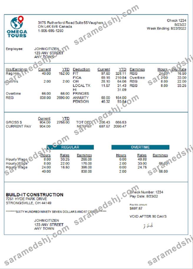USA Omega Tours tourism company pay stub